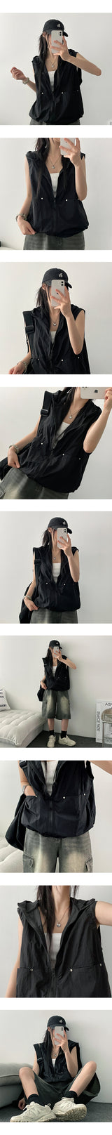 Isen Nylon High Neck Hooded Vest Zip-Up