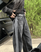 Gradient washing waist strap adjustable string three stripe track denim pants (2 colors)