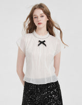 Spiral Crystal Ribbon Sheer Mock Neck Blouse White