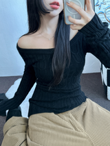 OFF SHOULDER TWISTED SLIN LONG KNIT 🩶🤍🖤3COLOR