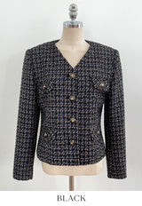 Bowl Check V-Neck Pearl Tweed Jacket