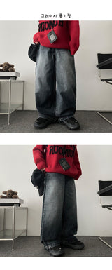 [Fleece lining]linen hem snapwashed wide denim pants-3 Tier Length