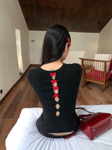 Red bow slit long-sleeved knit shirt