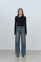 LOGO MIX UNBALANCE HALF ZIP-UP TOP - BLACK