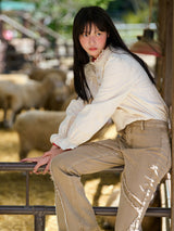 High-Neck Lace-Frill Blouse (Beige)
