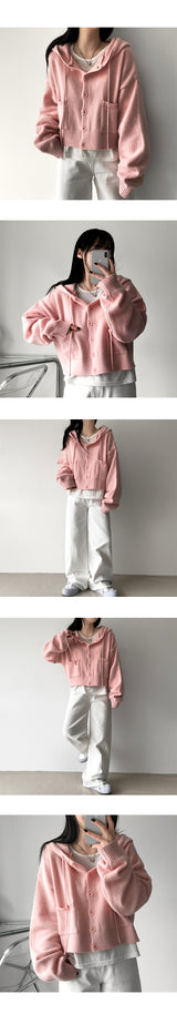 Ond Cropped Pocket Hooded Knit Cardigan