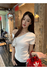 アンバランシードオフショルダードットスカーフショートスリーブTシャツ