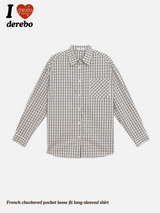 French checkered pocket loose fit long-sleeved shirt