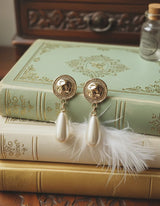 Ethnic Button and Long Pearl Earrings - Gold Color