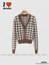 Brown V Checkered Long Sleeve Cardigan