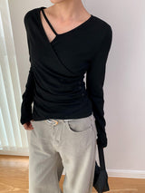 Cross strap unbalanced long-sleeve t-shirt