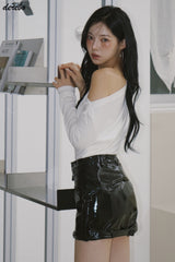 アンバランスオフショルダーシャーリングベーシック長袖Tシャツ