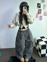 ヒーター❤カーゴオーバーロングバンディングパンツ 🩶🖤🤎💚4COLOR