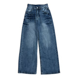 Rivet eyelet punching washed wide denim pants (Denim)