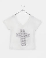 Chucking cross stud see-through V-neck short-sleeved T-shirt