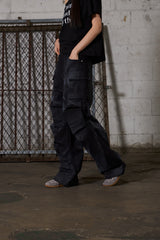 Dirty Washed Wide Cargo Denim Pants - Black
