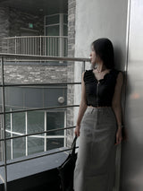 SALE! Gray washed denim back slit H-line long skirt (Gray)