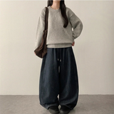 Foton waist banding side incision fleece denim wide pants
