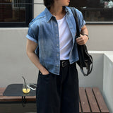 LMN インシジョンクロップドマッスルフィットデニム半袖シャツ (2 colors)