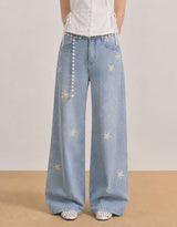 ユーラインフラワーワイドデニムパンツ ライトブルー