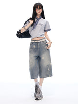 Vintage Star Print Washed Wide Cropped Denim Pants