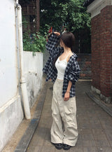 ルオ ステッチ ピンタック ポケット ワイド コットンパンツ