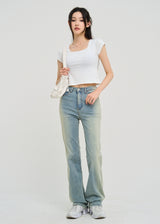 [U-BASIC] Poke Span Square Cap Sleeve T-Shirt