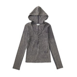 V NECK BUTTON HOODIE (STONE BROWN)