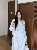 City Metal Eyelet One Off-Shoulder Brushed Sweatshirt
