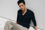Contrast ribbed henley long Sleeve(Black)