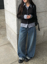 Andy Roll-Up Wide Washing Denim Pants
