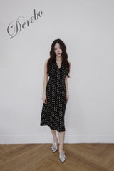 dot halter-neck sleeveless V-neck long dress