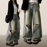 Andy Knee Damage Cutting Deep Washed Denim Wide Pants