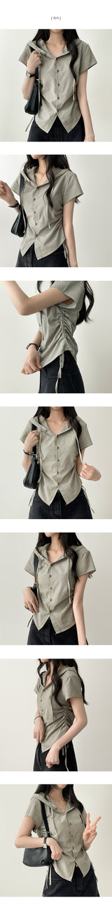 Shirin stripe side string short sleeve hooded blouse cardigan