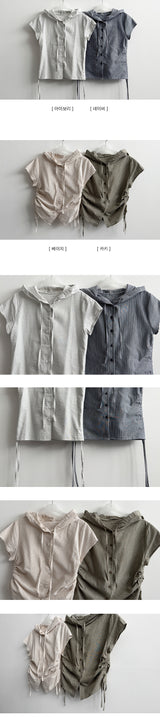 Shirin stripe side string short sleeve hooded blouse cardigan