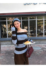 wool mohair stripe off-shoulder long-sleeved knitwear