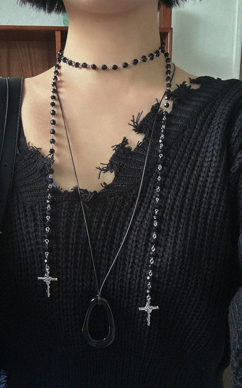 フリンジVネックニットトップ (BLACK)
