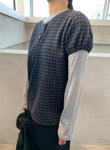 Bukanne Wool Button Check Short Sleeve Blouse - Wool 50%