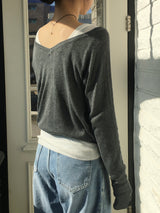 Deep V-neck see-through knit (6c)