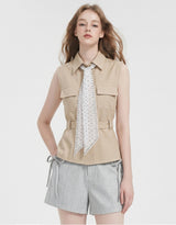 セリーヌドットスカーフリネンスリーブレスブラウス Beige