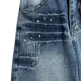 Rivet eyelet punching washed wide denim pants (Denim)