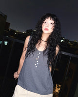 (2color) Mismatched Button Neck Slub Sleeveless Tee