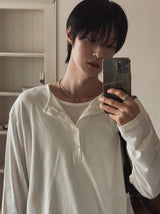 トップツートーンレイヤードヘンリーネックロングスリーブTシャツ
