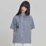Check Applique Button Half Shirt
