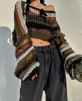 BOW LOOSE-FIT LAYERED NET SOFT CROPPED COLOR-BLOCK KNIT - 2 COLOR