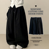 Itku Nonfade Side Slit Line Banding Denim Wide Pants
