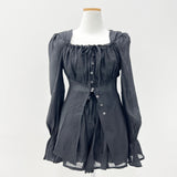 Ribbon puff strap blouse skirt pants setup SET (3 colors)