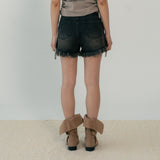 FRINGE DENIM SHORTS (BLACK)