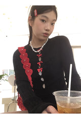 Red bow slit long-sleeved knit shirt