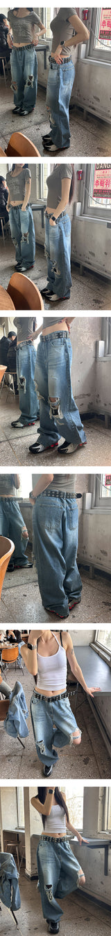 [Unisex] 膝下ダメージワイドデニムパンツ